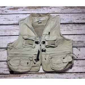 L.L. Bean Fishing Cargo Vented Vest Tan Khaki Men's Size XL Pockets Full Zip